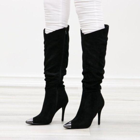 Pointy Toe Below The Knee Black Boots Faux Suede - Picture 3 of 16